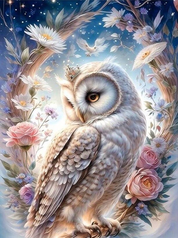 nr 34 Diamond Painting Uil met rozen 50x40cm (vierkant)