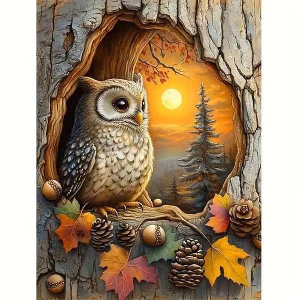 nr 158 Diamond Painting uil in boom 40x30cm (vierkant)