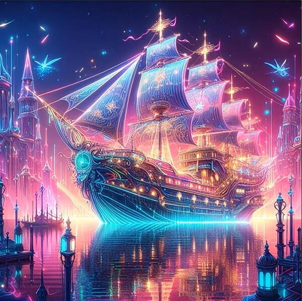 nr 587 Diamond Painting gekleurd schip 40x40cm (rond)