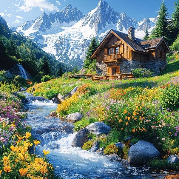 nr 596 Diamond Painting Alpen huisje 40x40cm (rond)