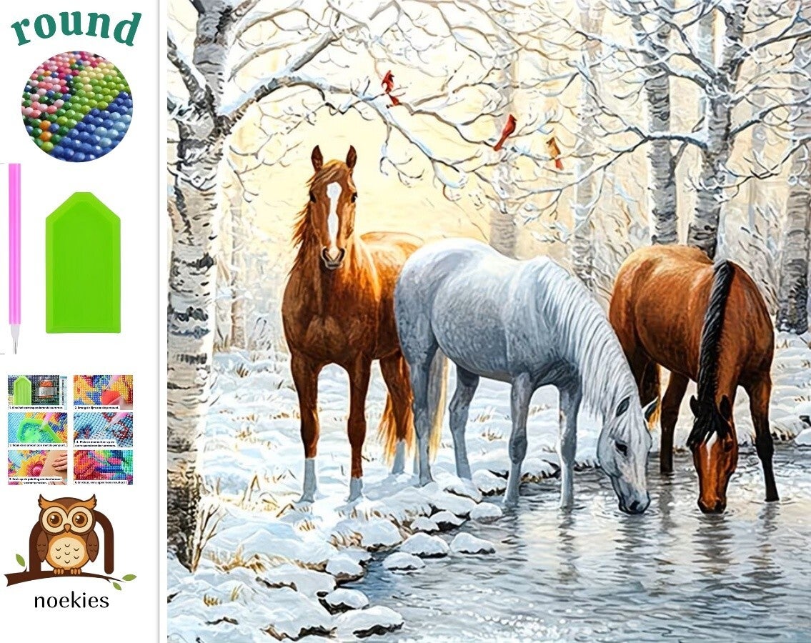 nr 591 Diamond Painting paarden in sneeuw 40x40cm (rond)