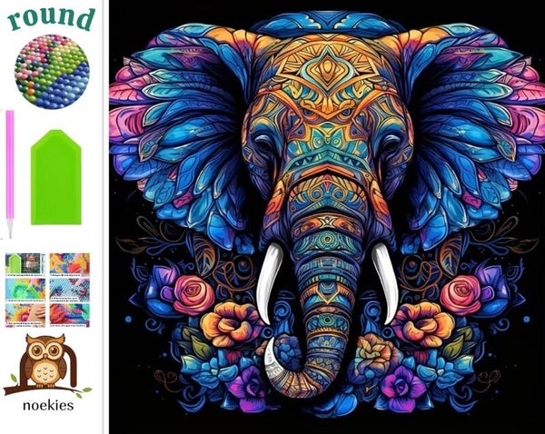 nr 595 Diamond Painting gekleurde olifant 40x40cm (rond)