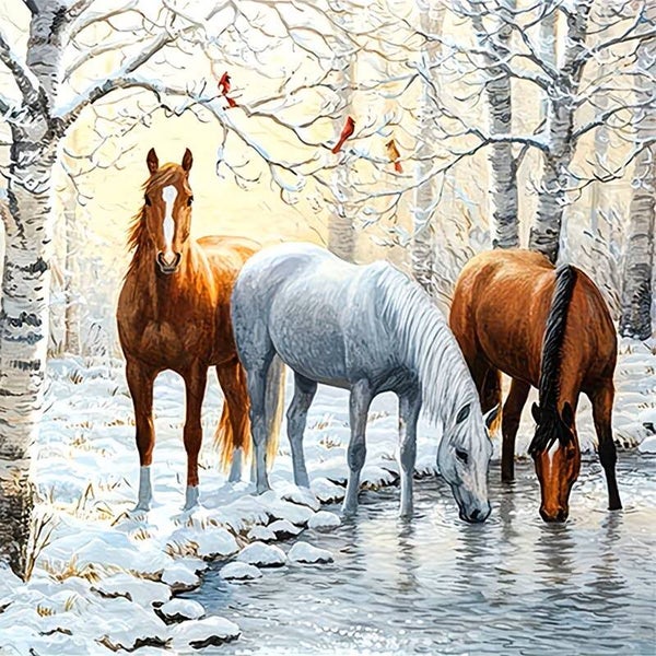 nr 591 Diamond Painting paarden in sneeuw 40x40cm (rond)