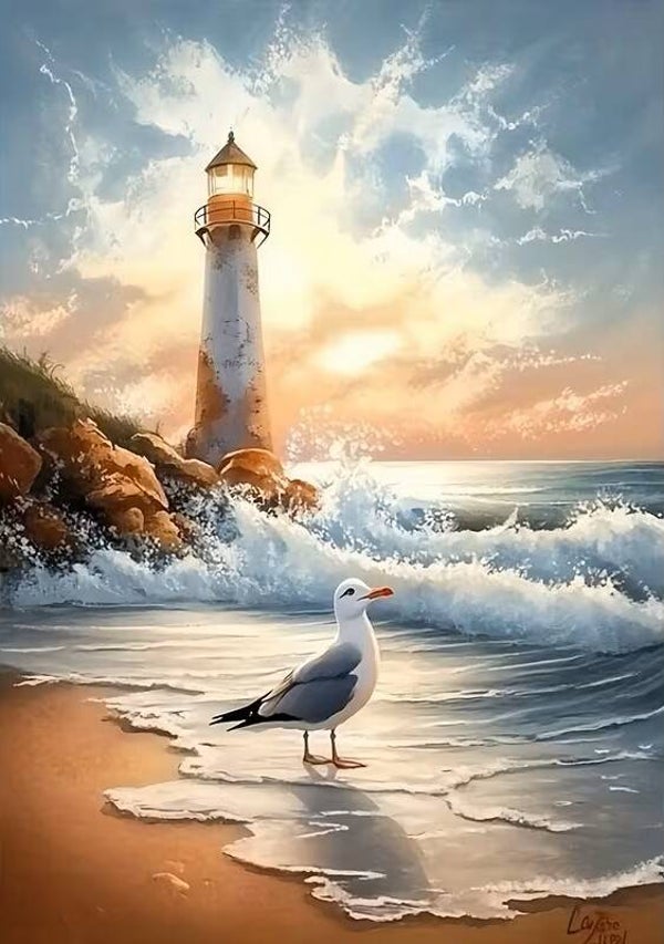 nr 74 Diamond Painting vuurtoren zee 50x40cm (rond)