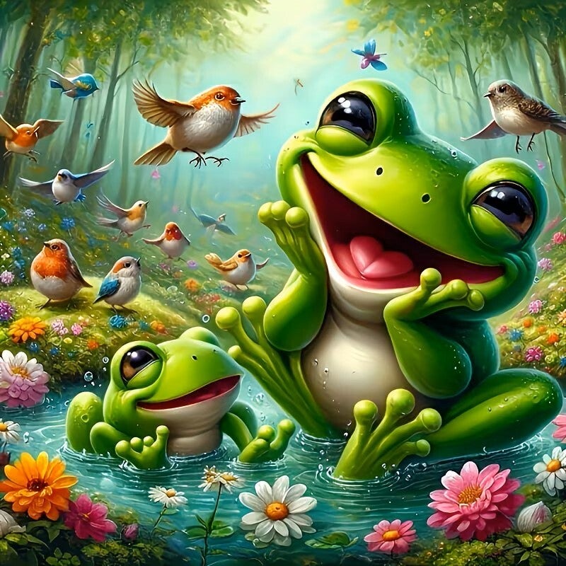 Diamond Painting kikkers met vogels 20x20cm