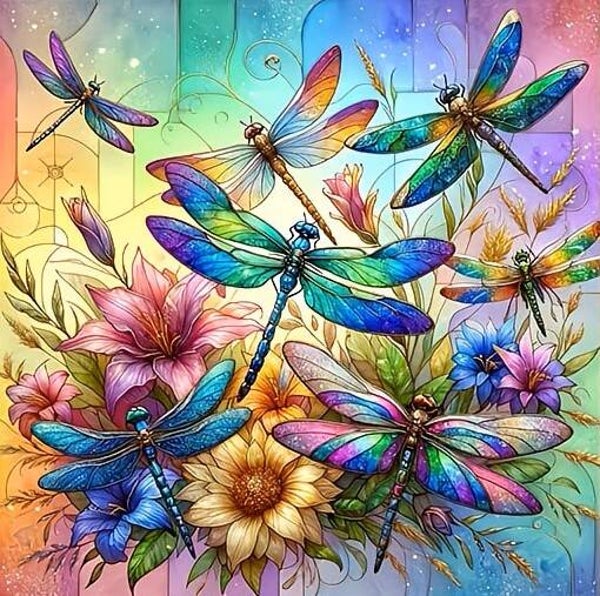 nr 602 Diamond Painting libelle's met bloemen 40x40cm (rond)