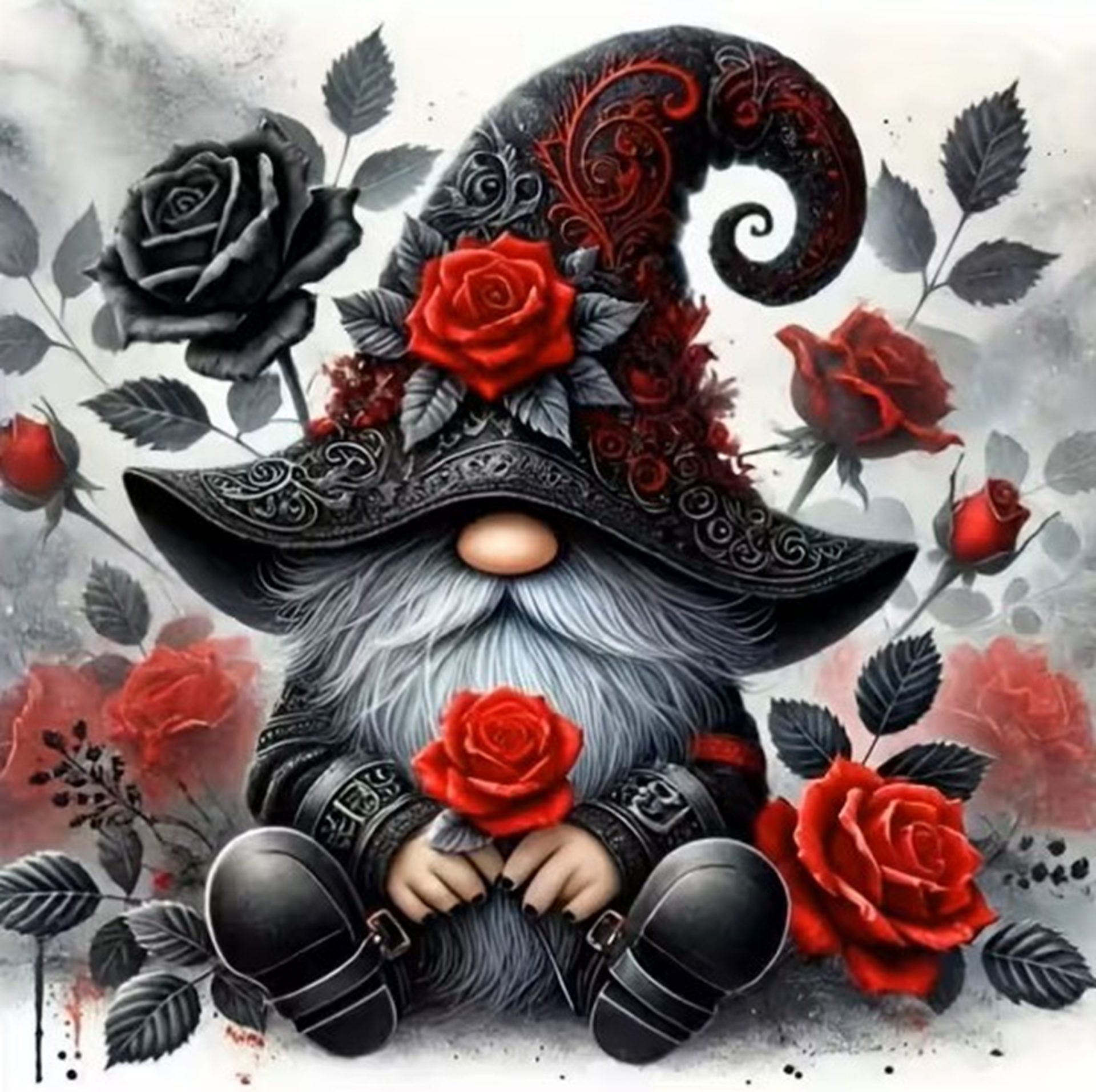 Diamond Painting kabouter rode rozen 20x20cm (rond)