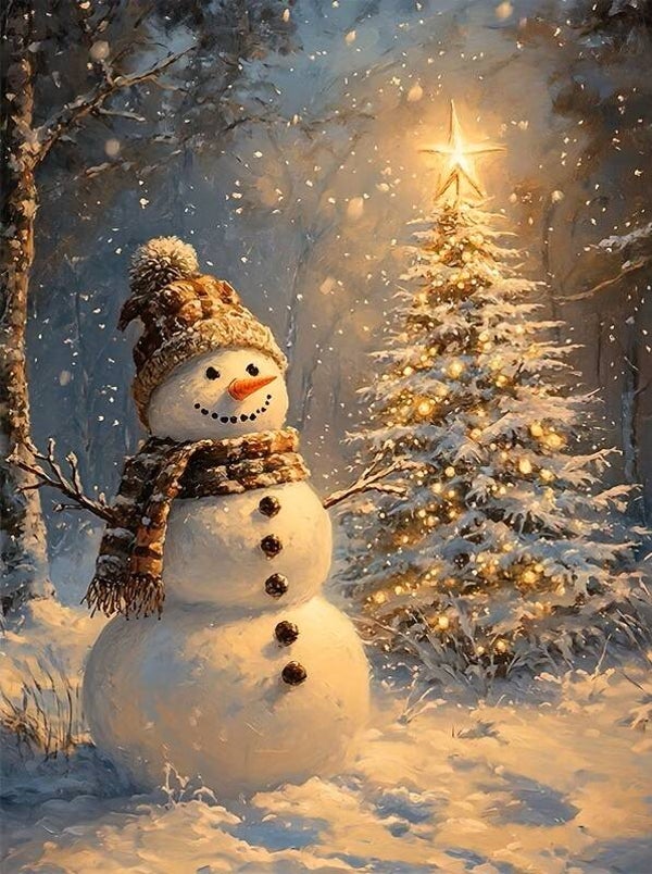 40x30cm Diamond Painting sneeuwpop kerstboom (rond) nr 288