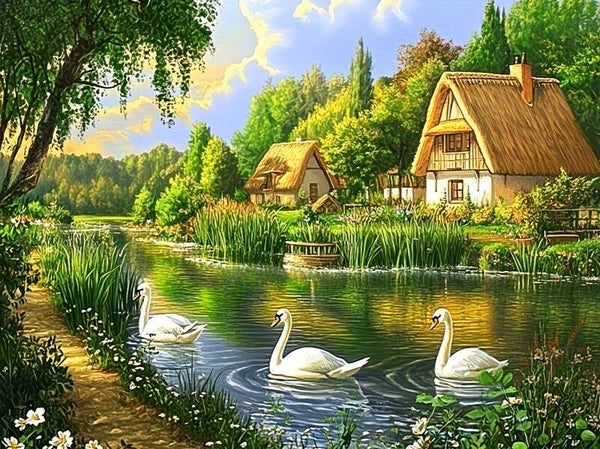 nr 104 Diamond Painting boshuisje met zwanen 50x40cm (rond)