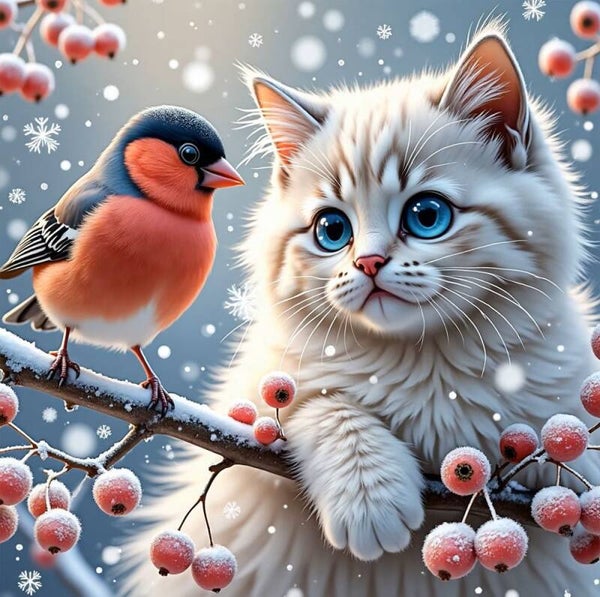 nr 312 Diamond Painting poes vogel in sneeuw 30x30cm