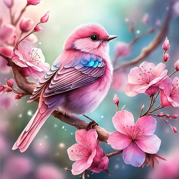 Diamond Painting vogel op bloemenntak 20x20cm (rond)