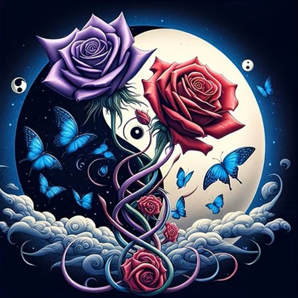 nr 580 Diamond Painting Yin Yang rozen vlinders 40x40cm (rond)