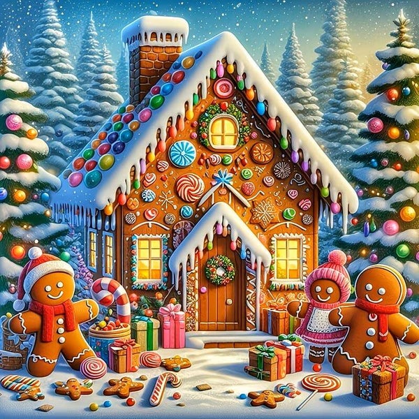 nr 603 Diamond Painting kerst peperkoek huisje 40x40cm (rond)