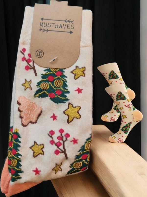 Kerstsokken - Sokken - Dames - One Size - Katoen - Kerstboom - Beige 38-45