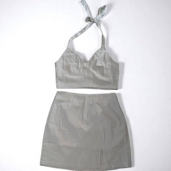 2 delige zomer set rok + top geruit groen L