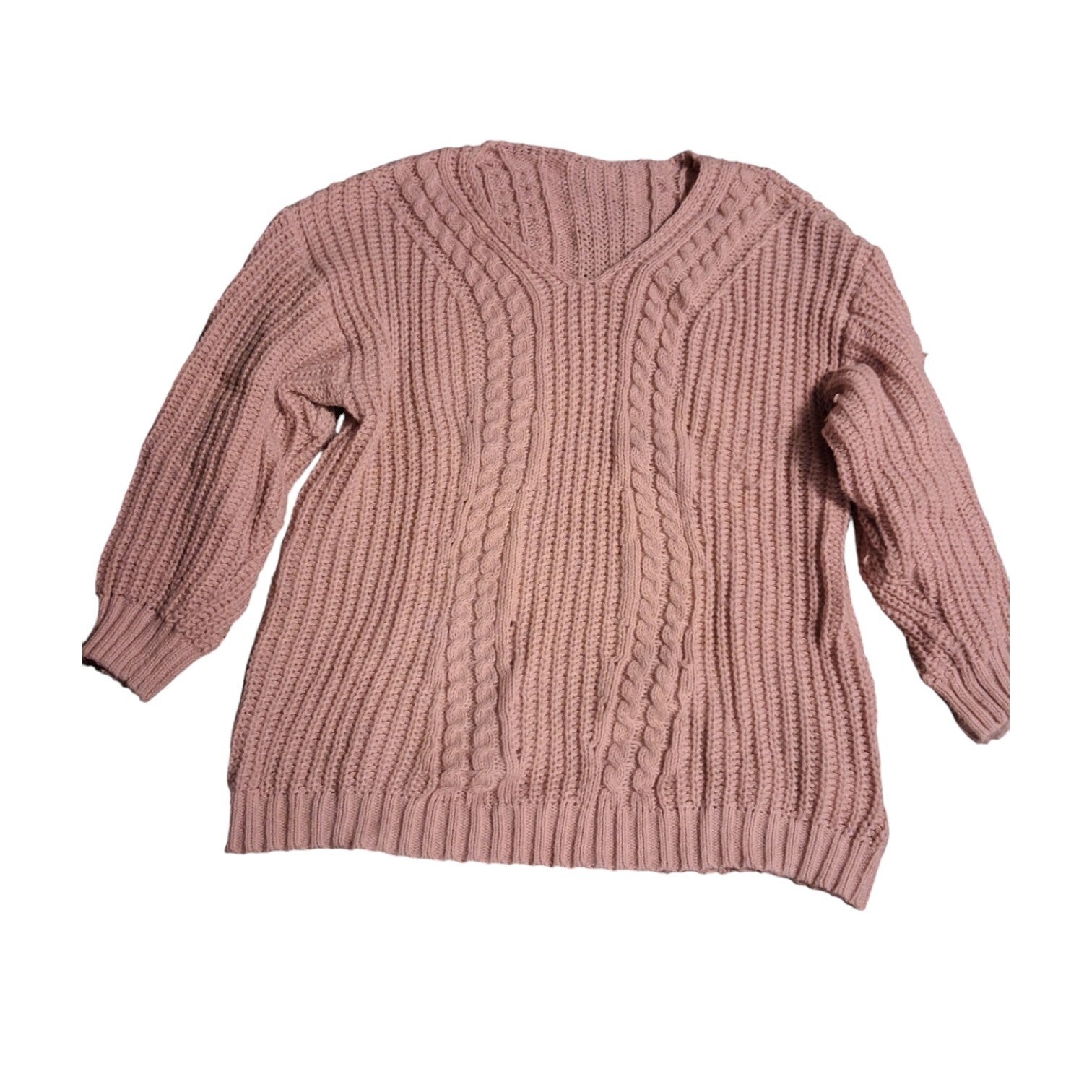 Kabel trui met v hals lichtroze XL