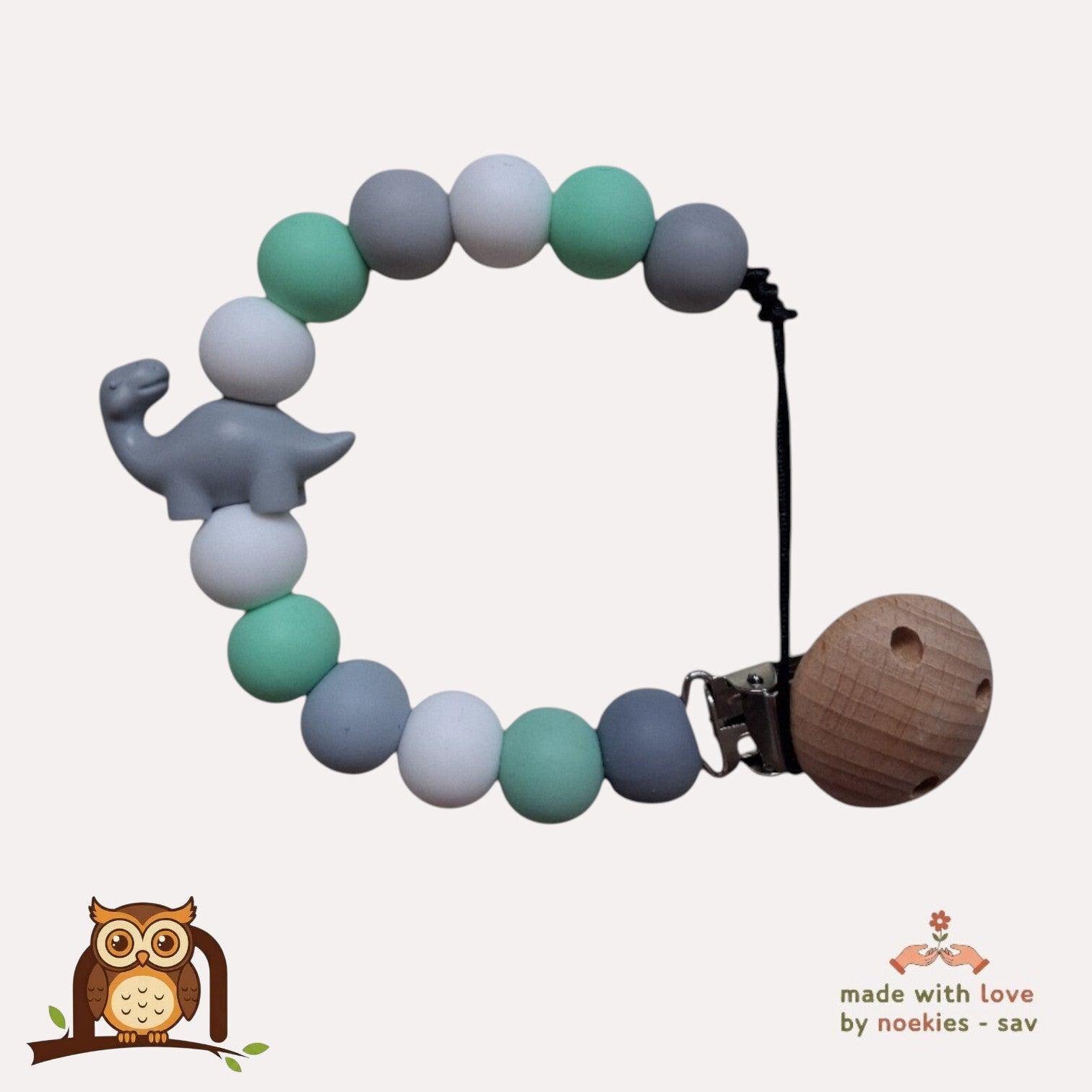 nr 16 noekies Speenkoord Dino langnek mintgroen grijs