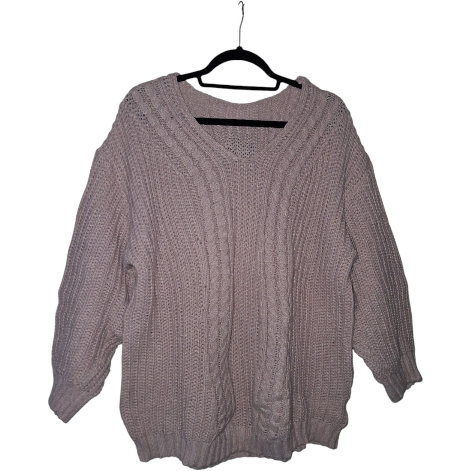 Kabel trui met v hals lichtroze XL