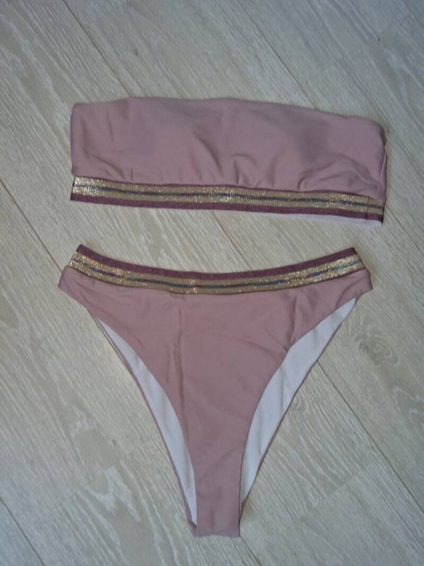 Roze bandeau bikini met gestreepte details - Maat XL