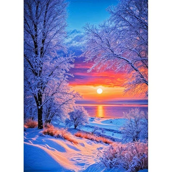 nr 287 Diamond Painting besneeuwde zonsondergang 40x30cm (rond)