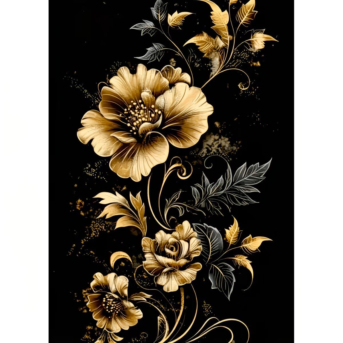 Diamond Painting bloemen zwart goud 40x30cm (rond)