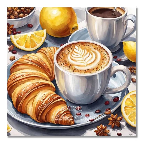 nr 2102 Diamond Painting koffie croissant 30x20cm (rond)