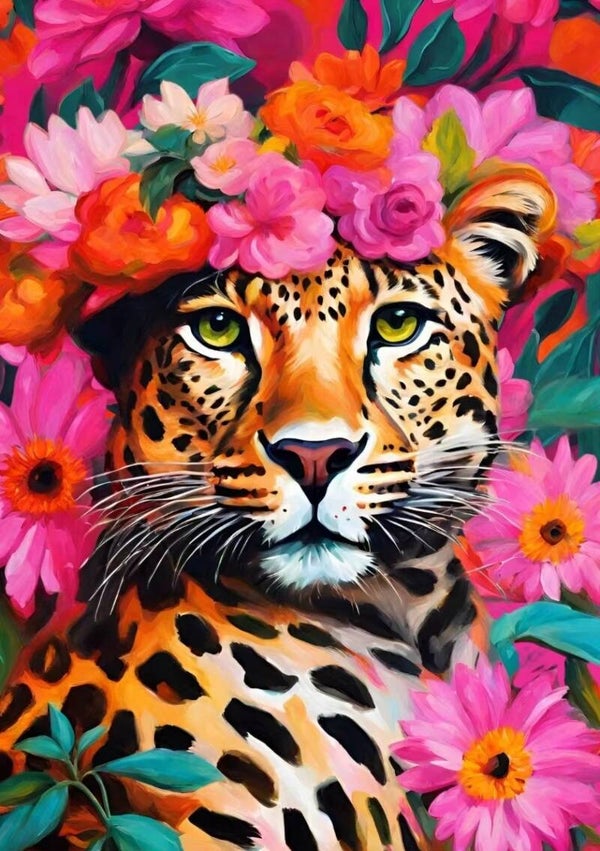 nr 2104 Diamond Painting luipaard bloemen 30x20cm (rond)