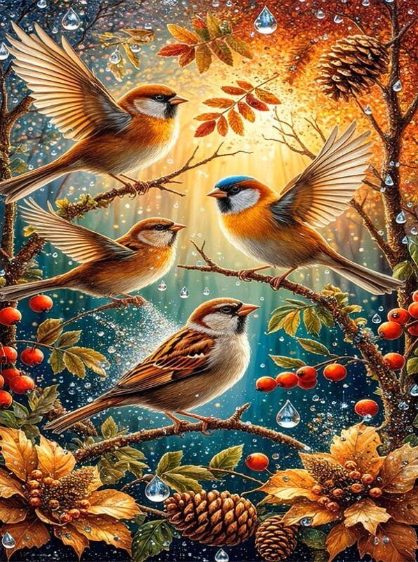 nr 411 Diamond Painting vogels 30x20cm (rond)