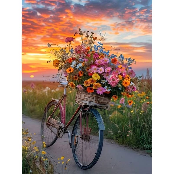 nr 284 Diamond painting fiets met bloemen 40x30cm (rond)