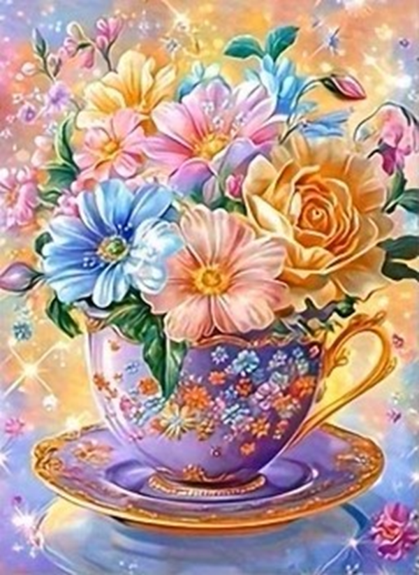 nr 409 Diamond Painting pastel kopje bloemen 30x20cm (rond)