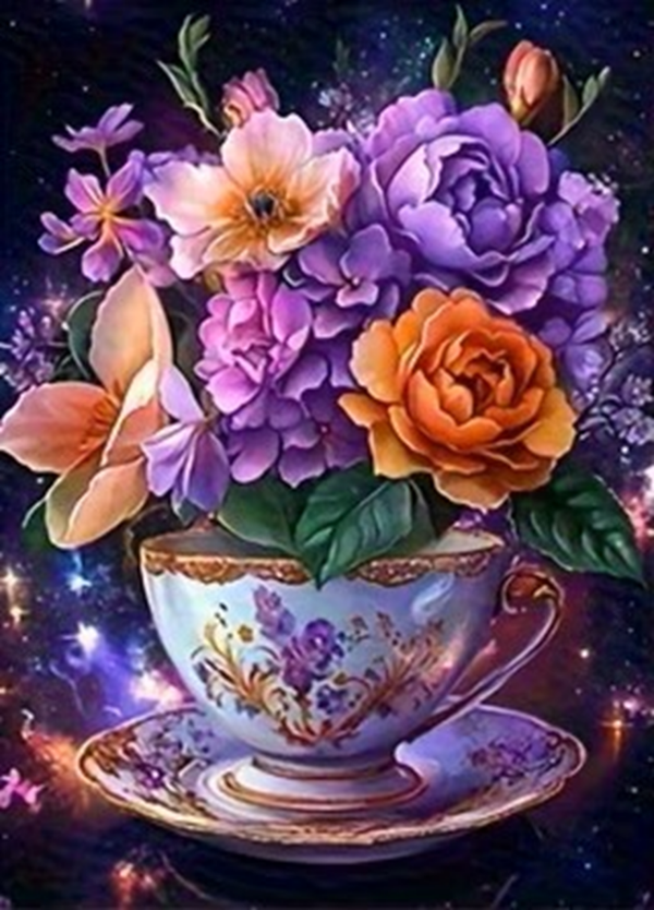 nr 410 Diamond Painting paars kopje bloemen 30x20cm (rond)