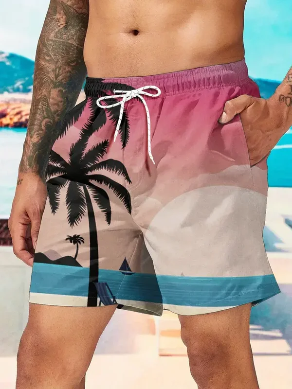 Strandshort roze blauw palmbomen S