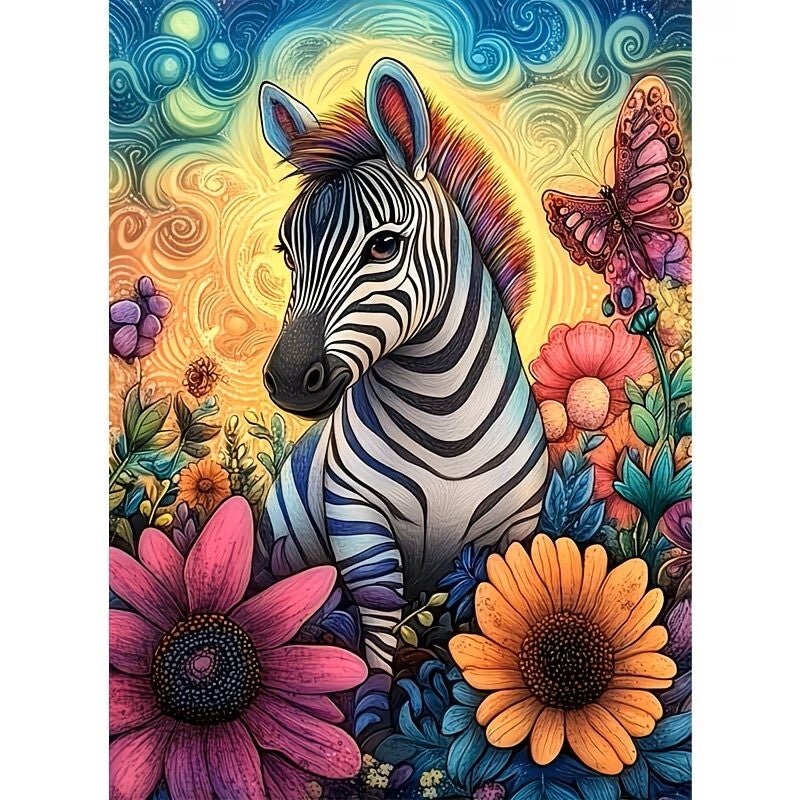Diamond Painting zebra bloemen 40x30cm (rond)