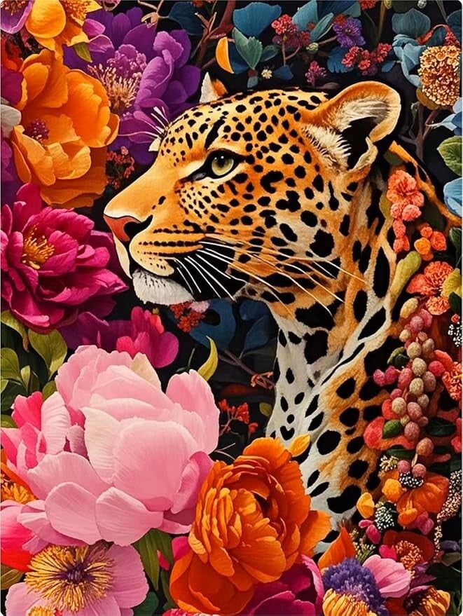 50x40cm Diamond Painting luipaard bloemen nr 947