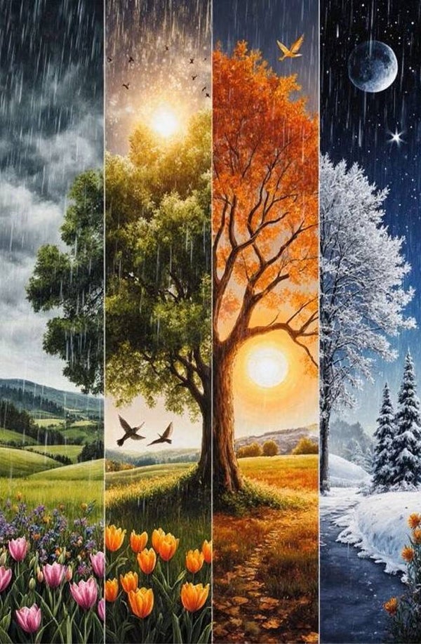 nr 86 Diamond Painting vier seizoenen boom 50x40cm (rond)