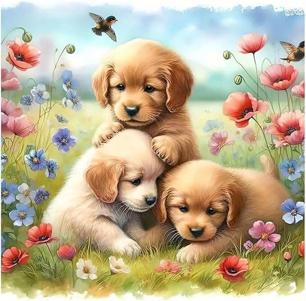 nr 2097 Diamond Painting puppy's bloemen 30x20cm (rond)