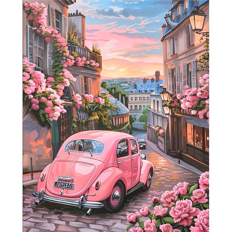 Diamond painting roze auto in bloemen steeg 40x30cm (rond)