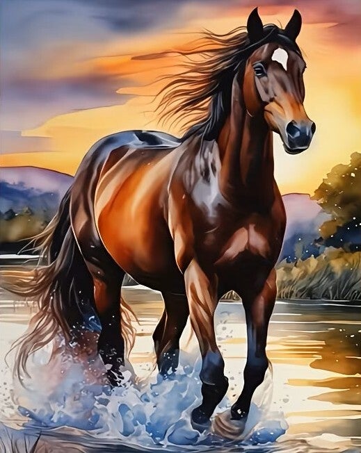 Diamond Painting paard in water 40x30cm (rond)