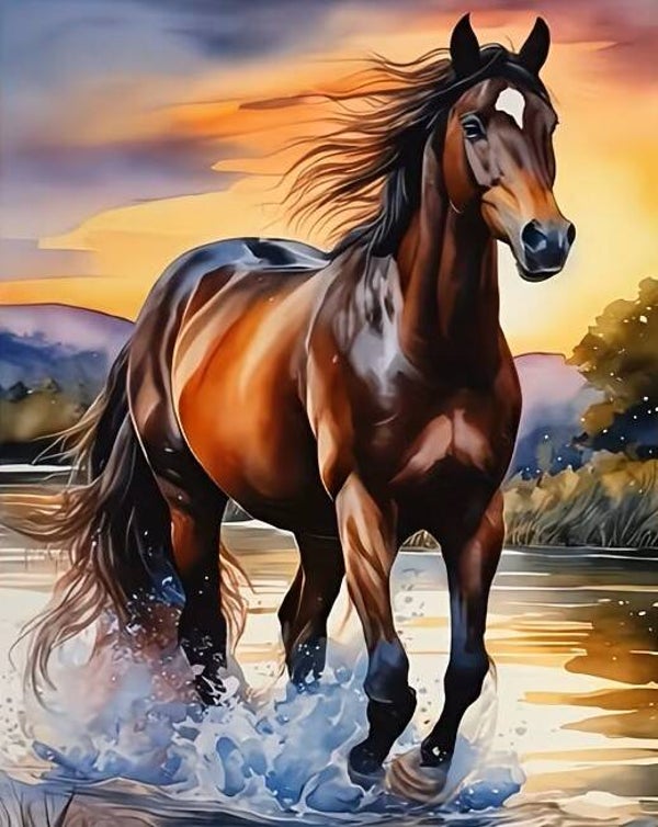 nr 280 Diamond Painting paard in water 40x30cm (rond)