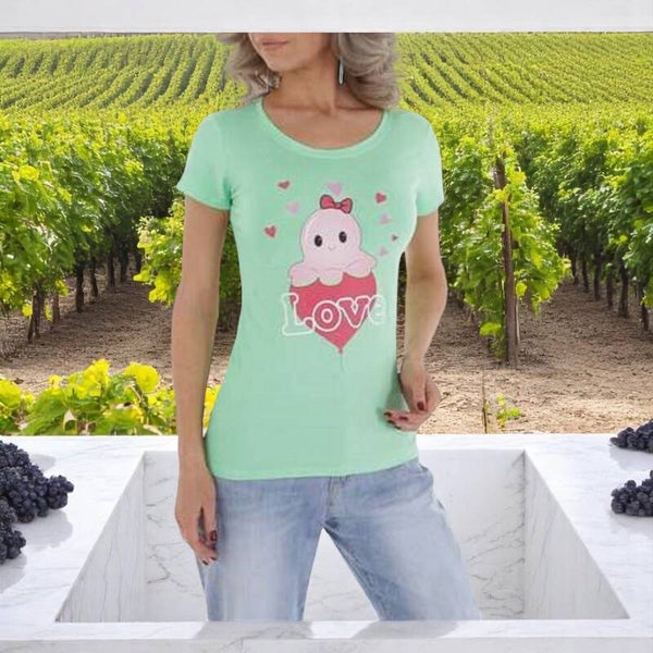 T-shirt getailleerd mintgroen octopus love L