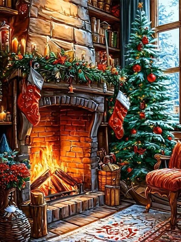 50x40cm Diamond Painting kerst openhaard (vierkant) nr 26