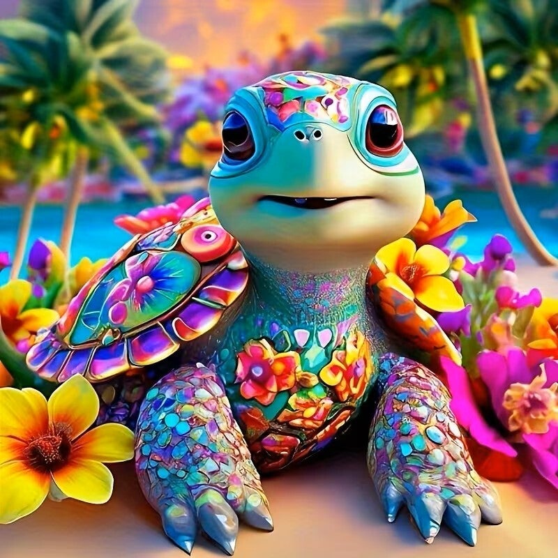 Diamond Painting gekleurde schildpad 20x20cm (rond)