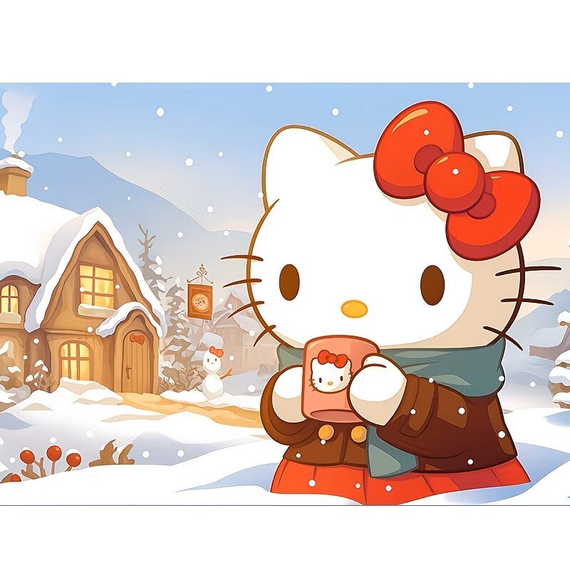 Diamond Painting Hello Kitty in de sneeuw 40x30cm (rond)