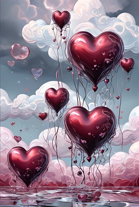 Diamond Painting wolken met rode hartjes 40x30cm (rond)