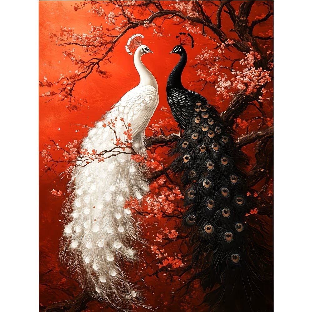 Diamond Painting Pauwen rood zwart wit 40x30cm (rond)