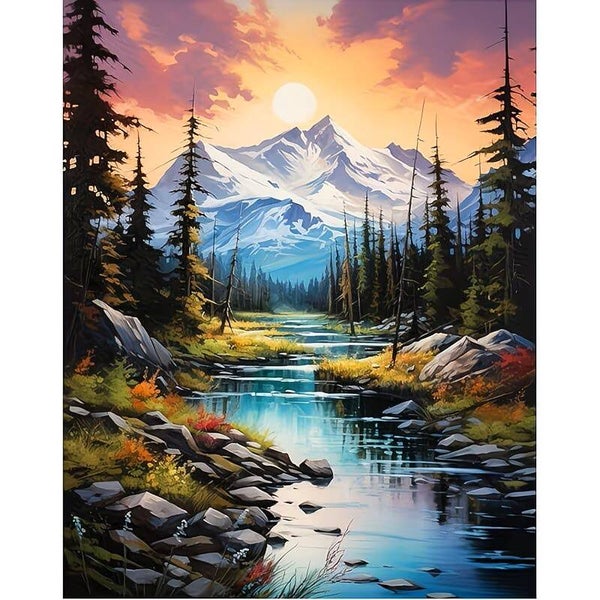 nr 264 Diamond Painting beekje met bergen 40x30cm (rond)