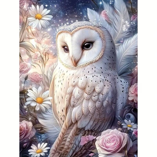 nr 34 Diamond Painting Uil met rozen 50x40cm (vierkant)