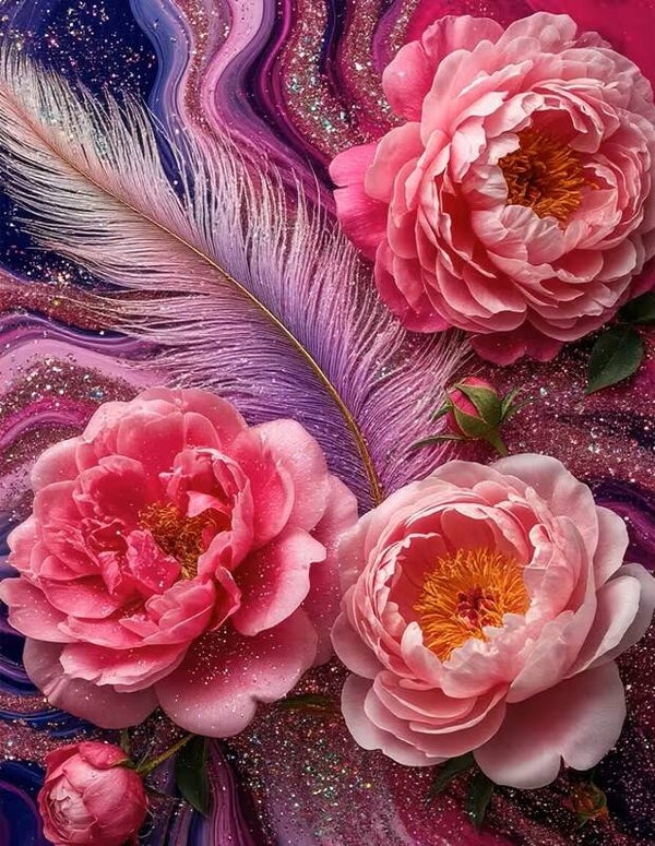 nr 176 Diamond Painting roze bloemen veer 40x30cm (vierkant)