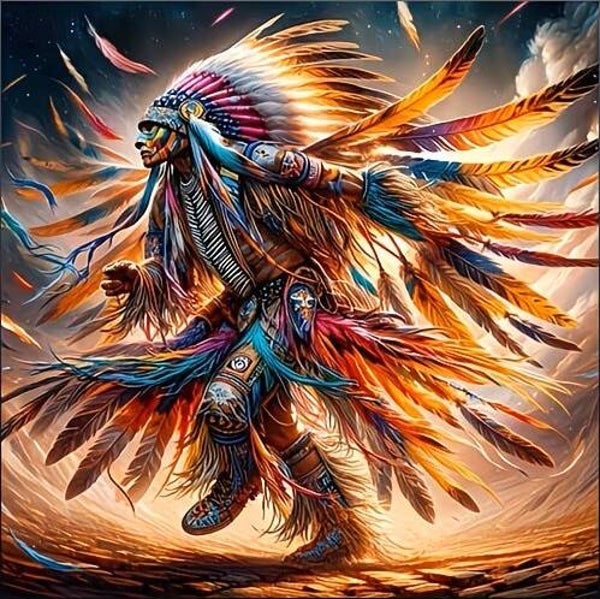 nr 609 Diamond Painting Indiaan met veren 40x40cm (rond)