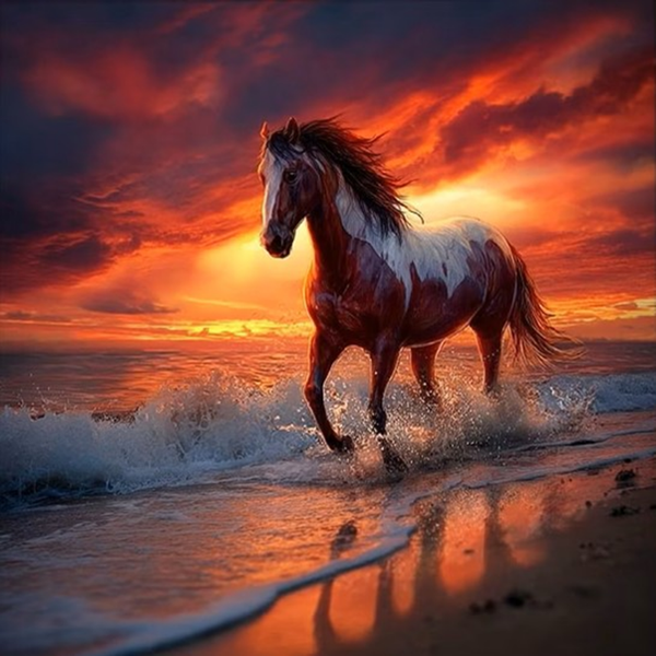 nr 581 Diamond Painting paard zonsondergang 40x40cm (rond)